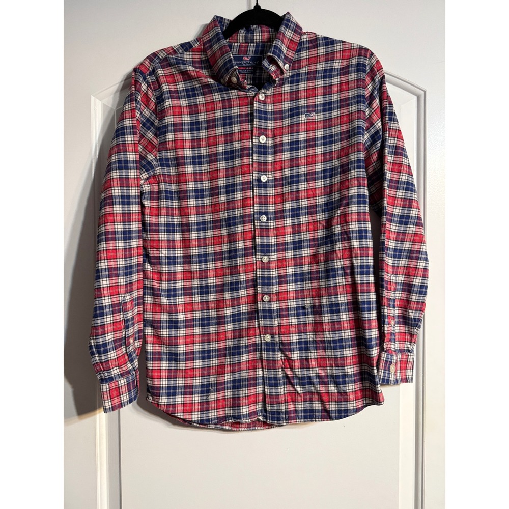 Vineyard Vines Whale Shirt XS Red Blue Plaid Cotton Button Down Preppy Classic